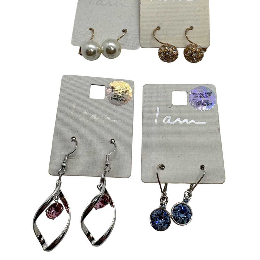 I Am Earring Lot 4 Pairs Swarovski Crystal Pearl Silver Gold Tone Dangle Drop